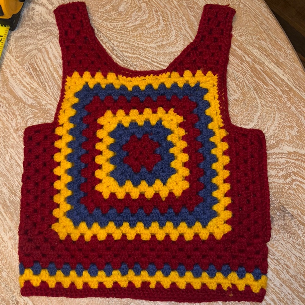 Vintage homemade crochet crop top red yellow small
